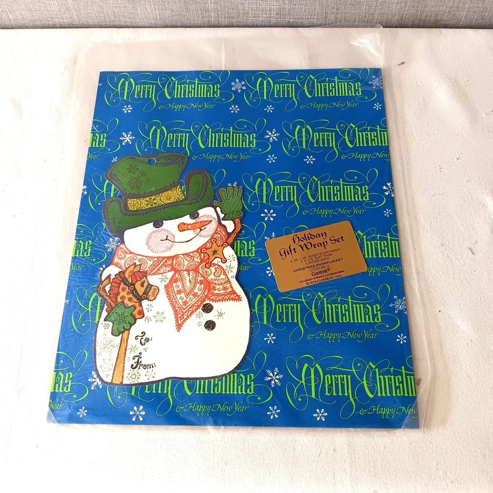 Current Holiday Gift Wrap Set Christmas Snowflakes 24x30 Blue Green 1979 Snowman